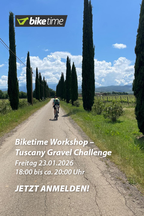 Auf einer langen, von Bäumen gesäumten Asphaltstraße ist ein Radfahrer zu erkennen. Die Landschaft drumherum sieht leicht hügelig aus.