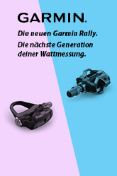 Die neuen Garmin Rally: Die nächste Generation deiner Wattmessung. Auf dem Bild sind zwei unterschiedliche Fahrradpedale zu sehen. Der Hintergrund ist diagonal in Pink und Blau geteilt.