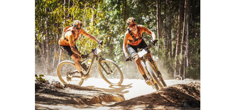 Zwei Personen sind mitten in einem Wald auf einem Trail unterwegs mit Mountainbikes.