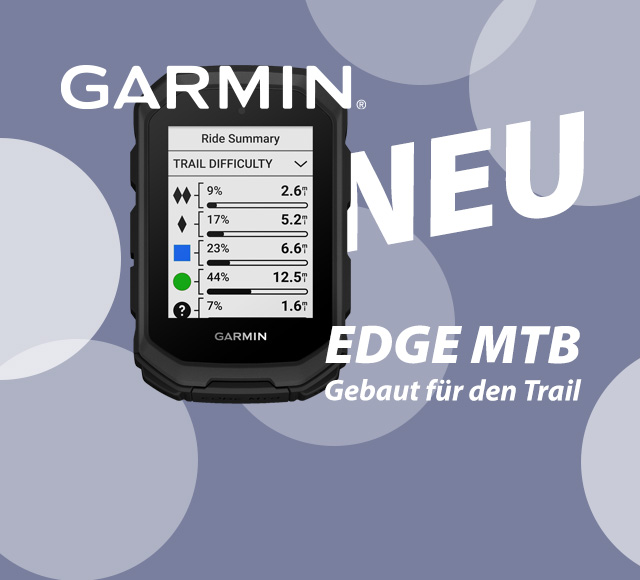Ein GPS-Fahrradcomputer von Garmin. Das Display ist eingeschaltet und es ist eine Art Statistik zu erkennen.